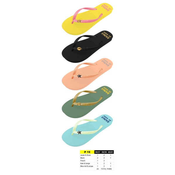 P19 - Tongs Femme Coquillage/Tortue - du 36 au 41 - 5 couleurs - 20 paires
